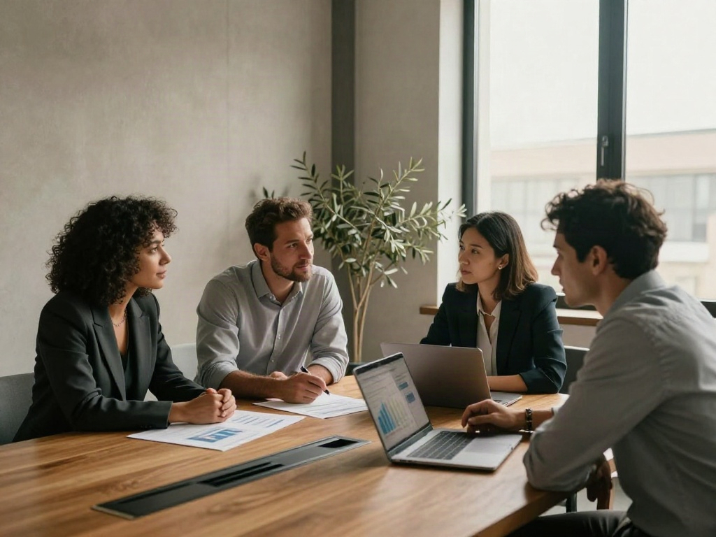 A consulting team reviewing business charts together around a conference table